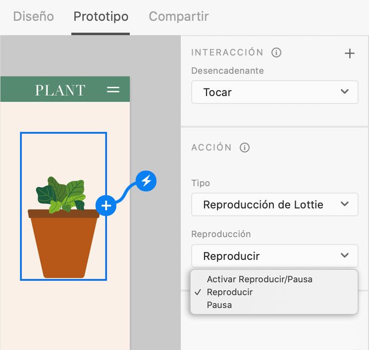 Personalice la reproducción eligiendo el desencadenador Tocar con Reproducir o Pausar como acción