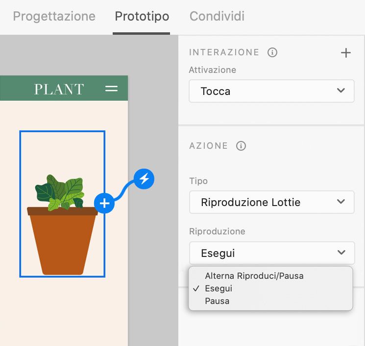 Personalizza la riproduzione scegliendo il trigger Tocca con Riproduci o Pausa come azione