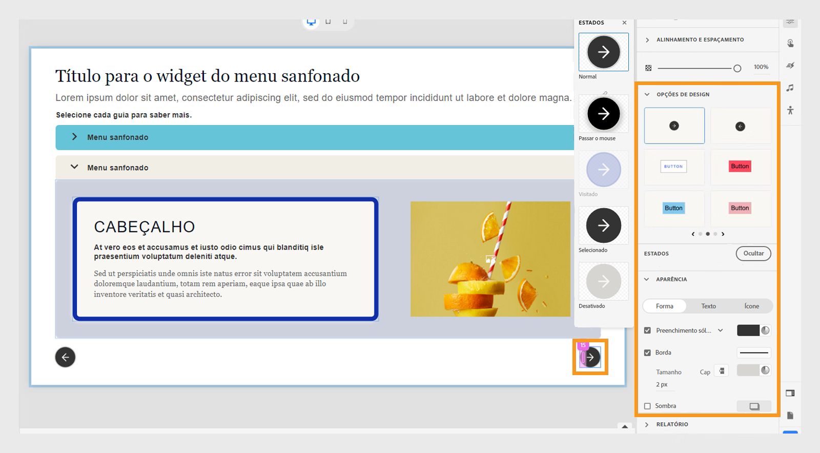 Personalizar os botões de um menu sanfonado