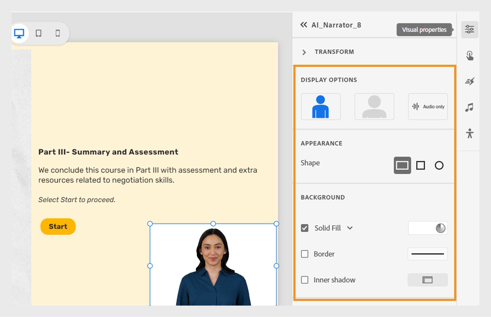  Avatar customization panel showing visual properties settings with an avatar displayed on a slide.
