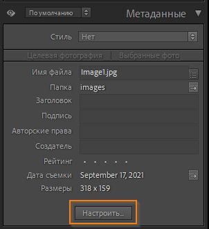 настройка панели метаданных