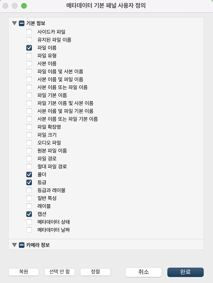 기본 메타데이터 패널 사용자 지정