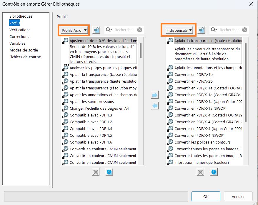 La boîte de dialogue Contrôle en amont : Gérer Bibliothèques est affichée