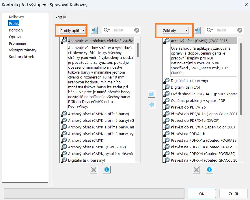 Zobrazení dialogového okna Kontrola před výstupem: Správa knihoven