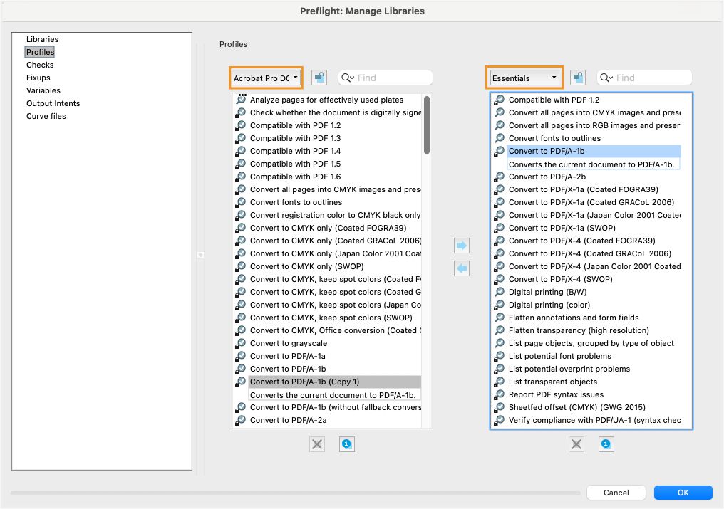 מוצגת תיבת הדו-שיח Preflight: Manage libraries