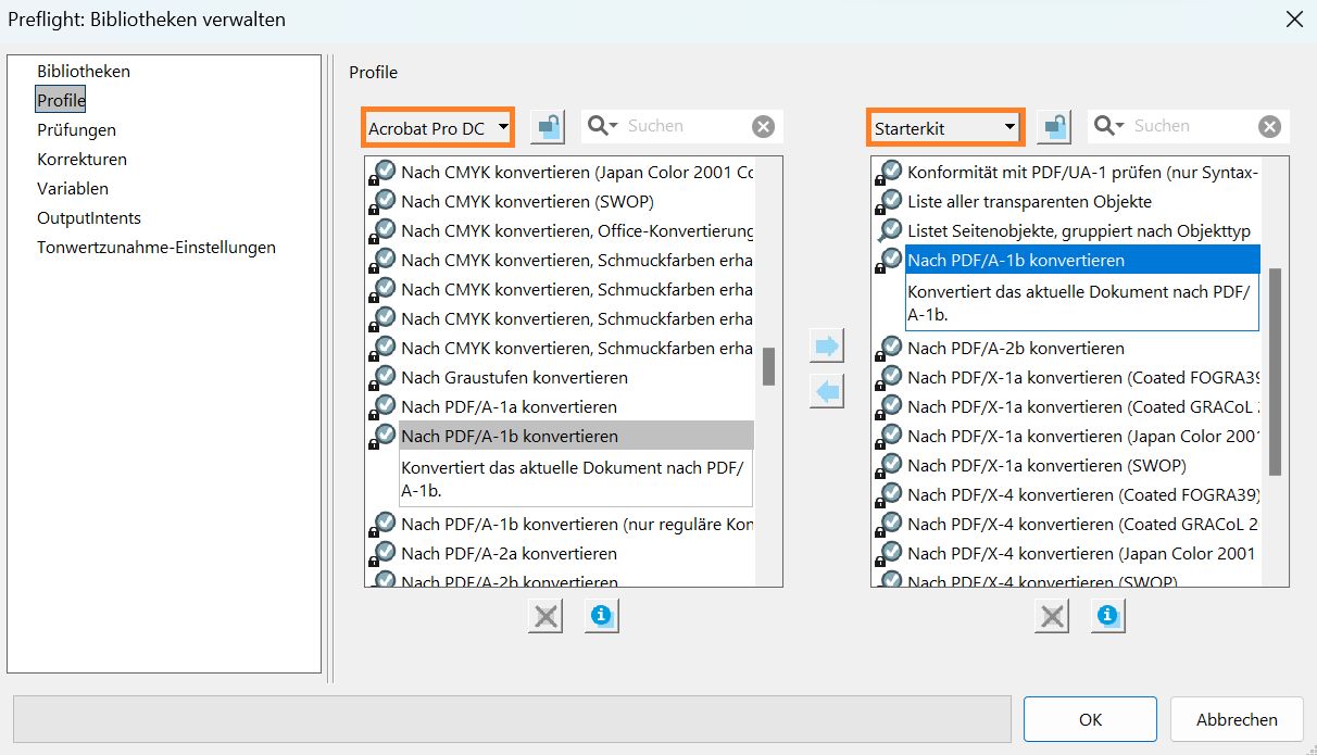Das Dialogfeld „Preflight: Bibliotheken verwalten“ wird angezeigt.