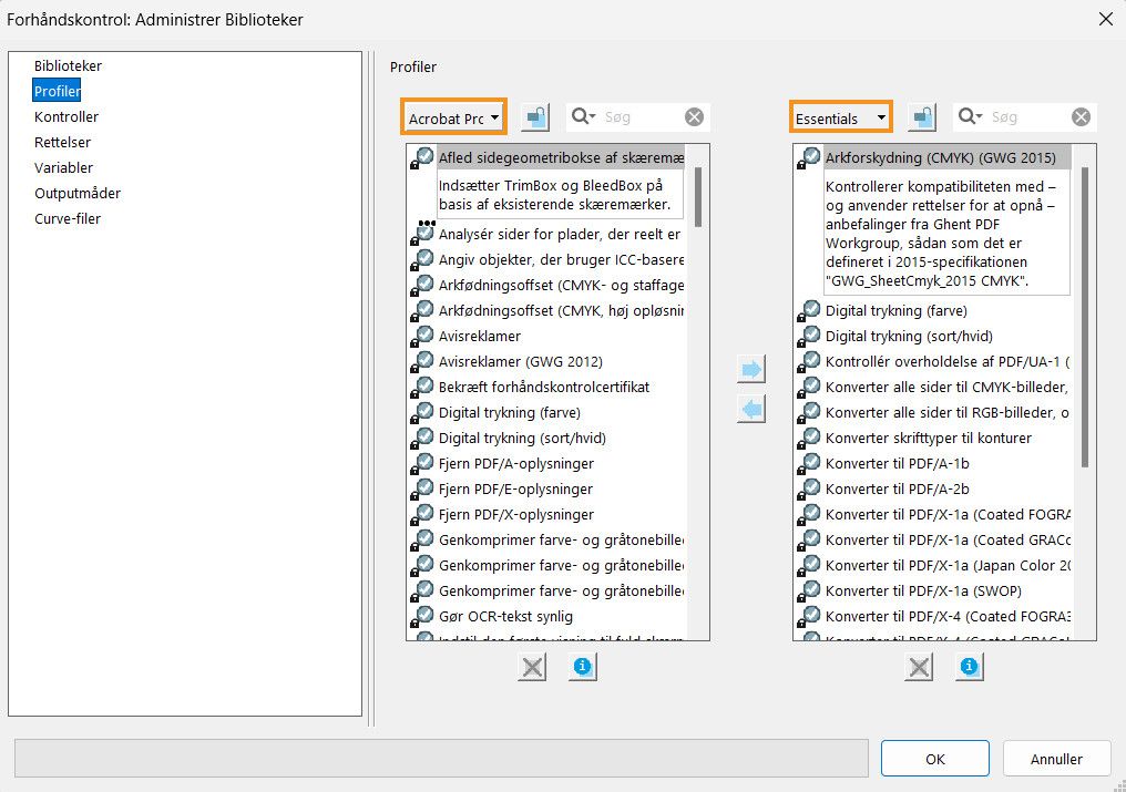 Forhåndskontrol: Dialogboksen Administrer biblioteker vises