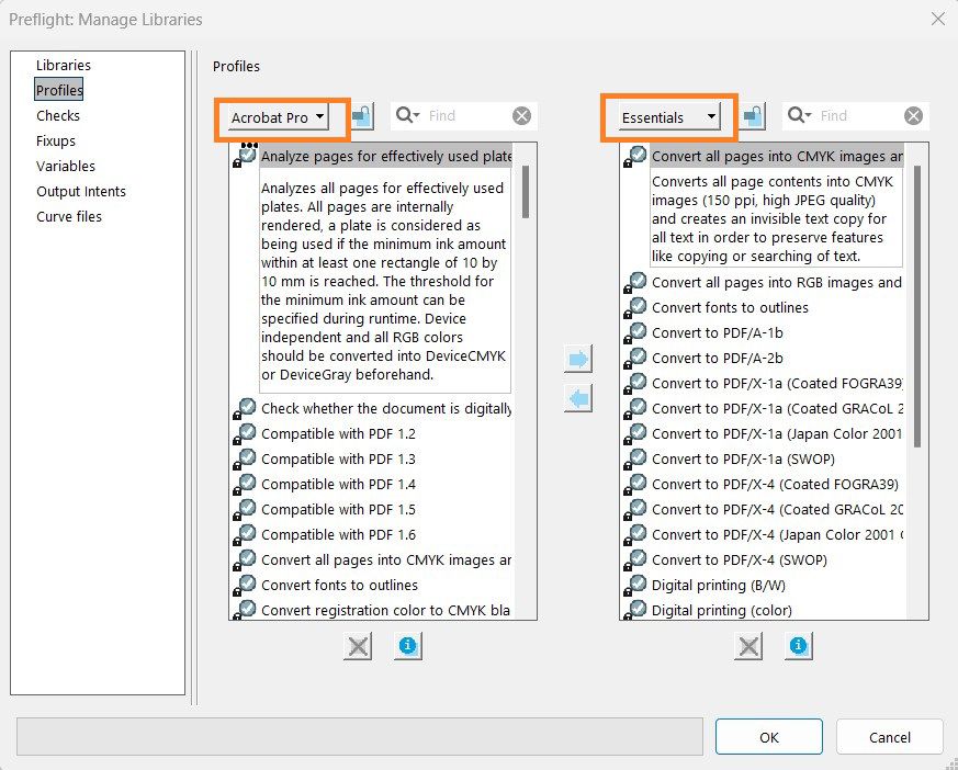 Preverjanje pred tiskom: Prikaže se pogovorno okno Upravljanje knjižnic