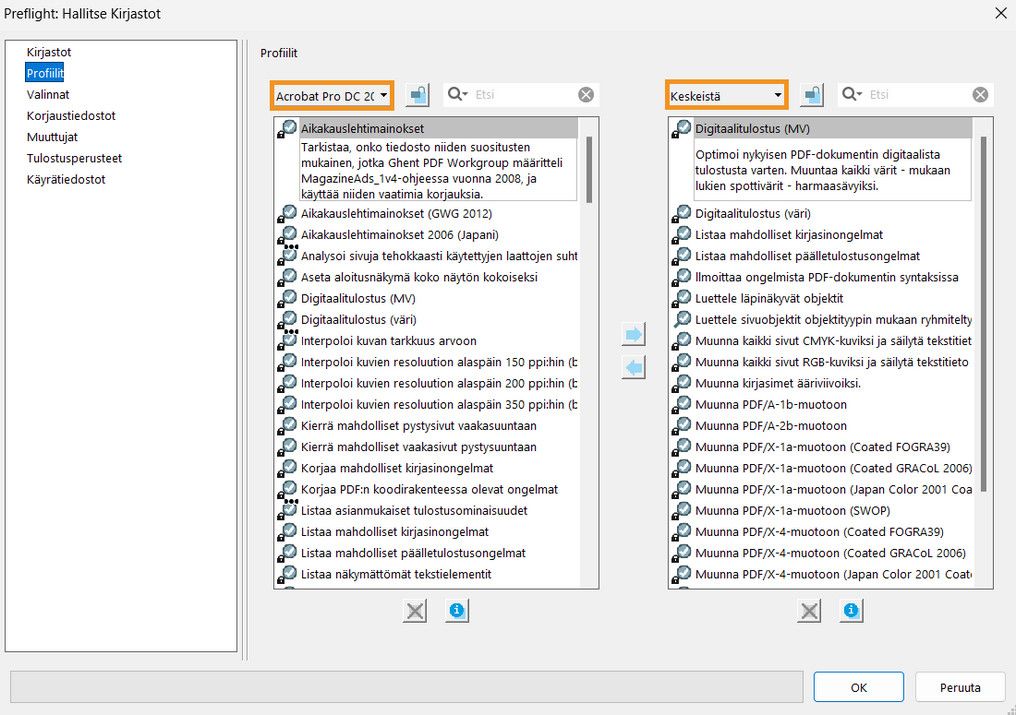 Preflight: Hallitse kirjastoja -valintaikkuna tulee näyttöön
