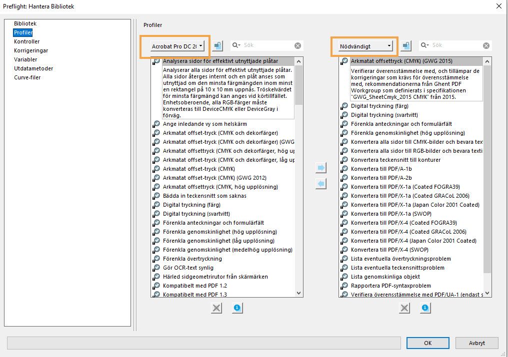 Preflight: Dialogrutan Hantera bibliotek visas