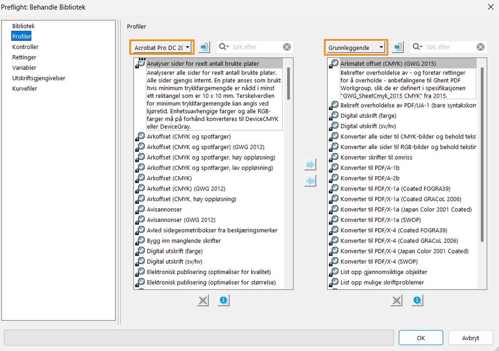 Preflight: dialogboksen Administrer biblioteker vises