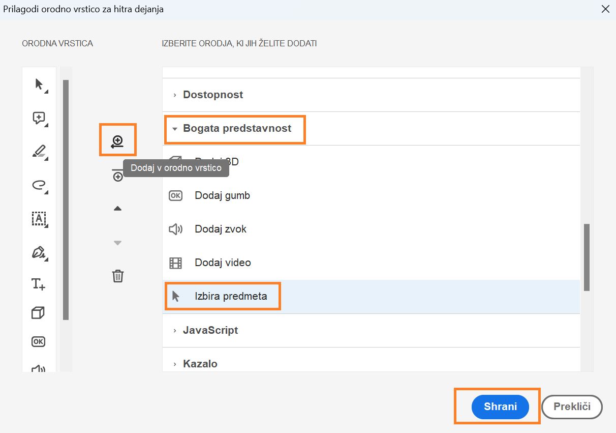 Dodajanje orodja za izbiro predmeta