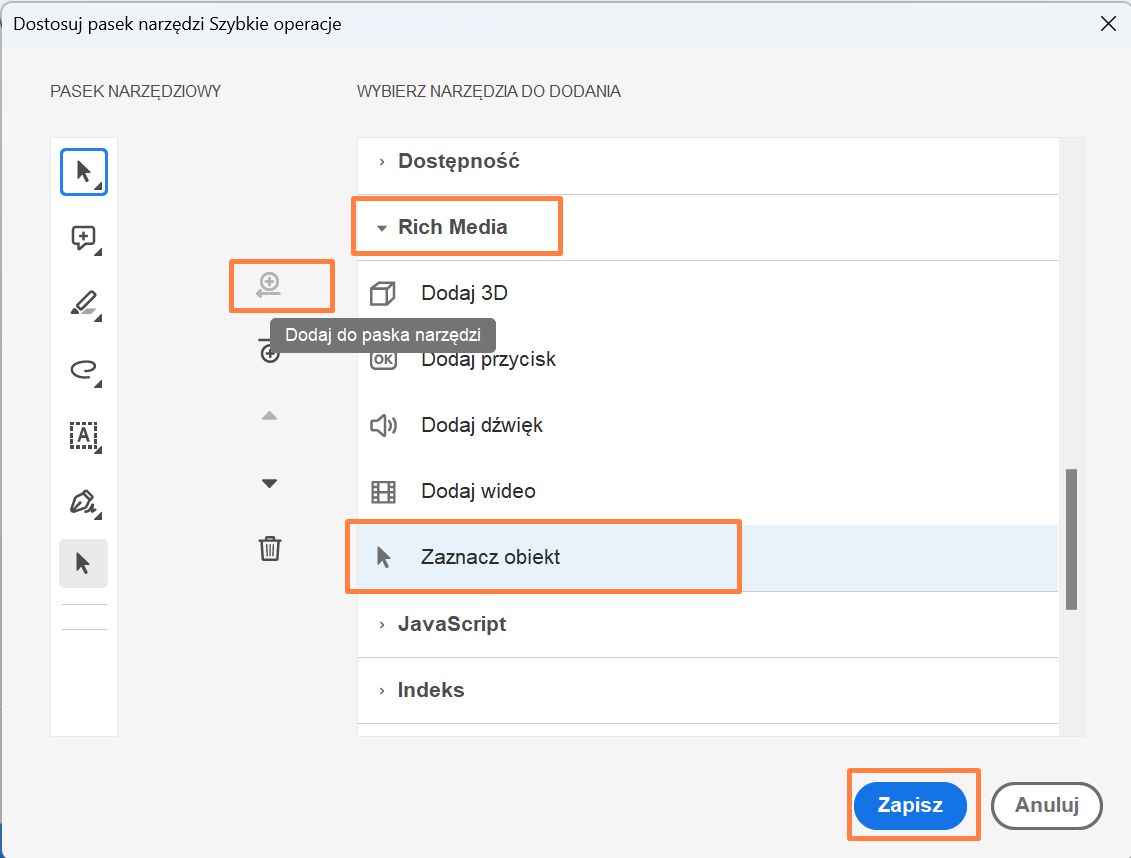 Dodawanie narzędzia Wybierz obiekt