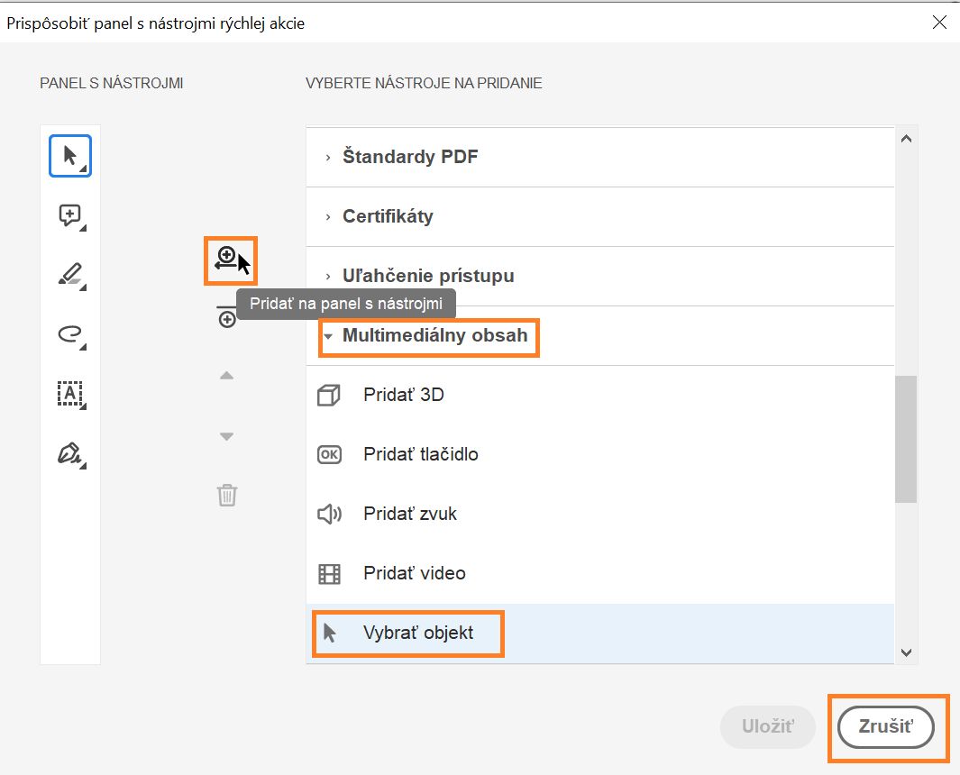 Pridanie nástroja Vybrať objekt