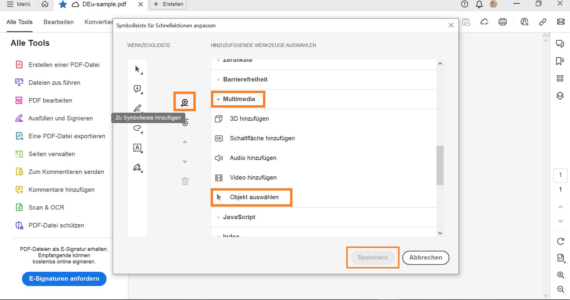 Hinzufügen des „Objektauswahl“-Werkzeugs