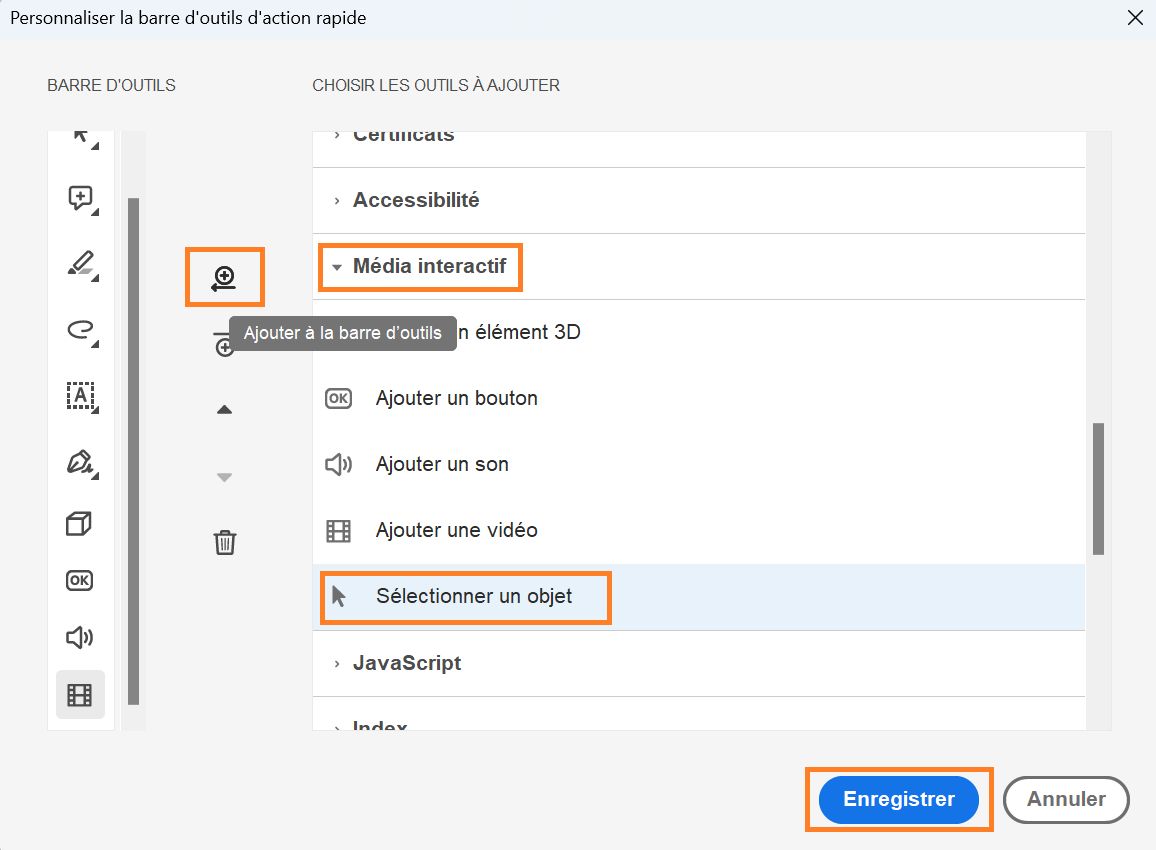 Ajout de l’outil Sélectionner un objet