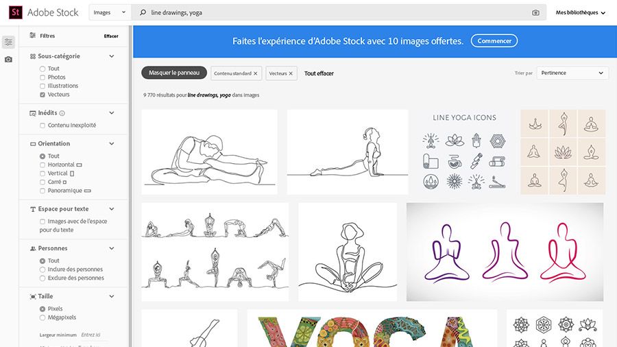 Site web Adobe Stock affiché dans un navigateur et « line drawings, yoga » saisi dans le champ de recherche