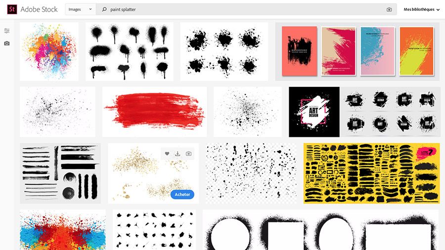 Site web Adobe Stock affiché dans un navigateur et « paint splatter » saisi dans le champ de recherche