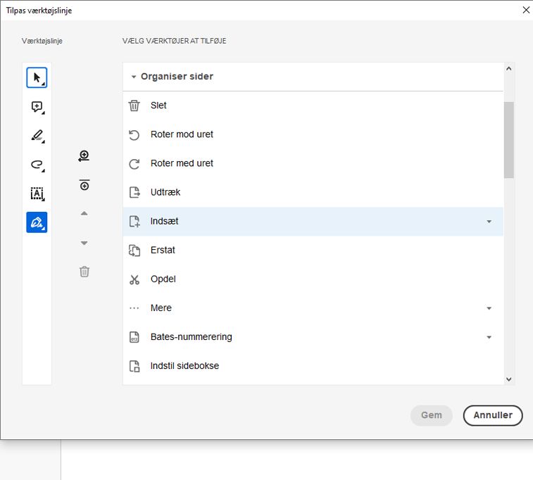 Tilpas værktøjslinjen Hurtige handlinger ved at tilføje eller fjerne værktøjer.