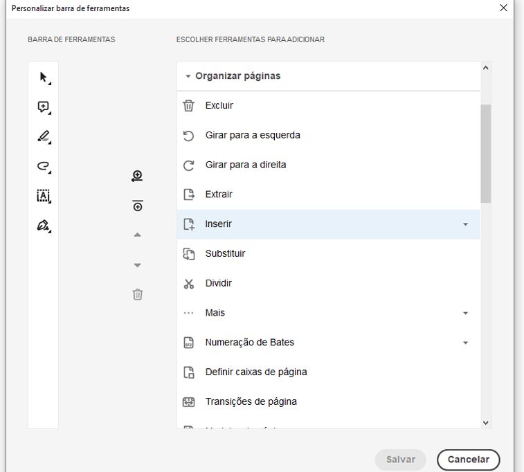 Personalize a barra de ferramentas de ações rápidas adicionando ou removendo ferramentas.
