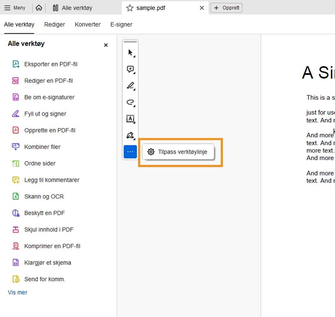 Tilpass verktøylinje for hurtighandlinger