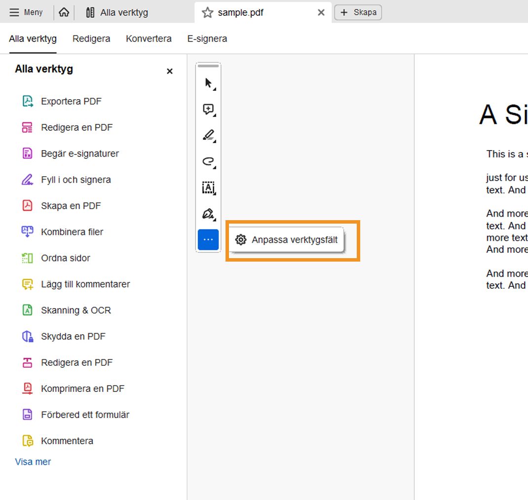 Anpassa verktygsfält för snabbåtgärder