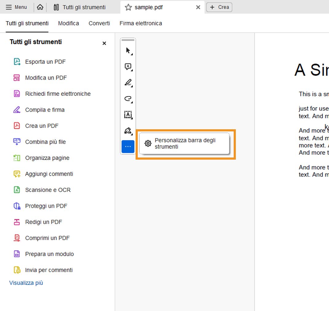 Personalizzare la barra degli strumenti delle azioni rapide