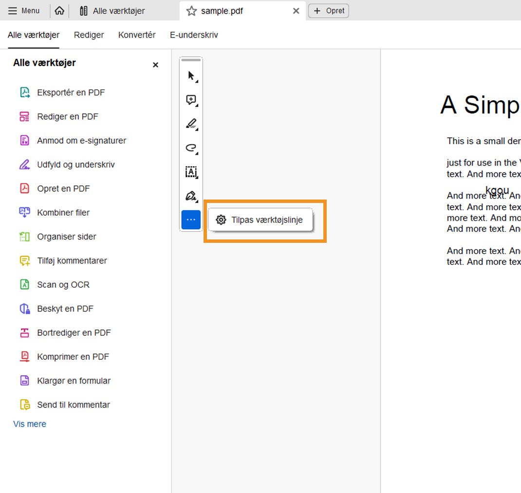 Tilpas værktøjslinjen Hurtige handlinger