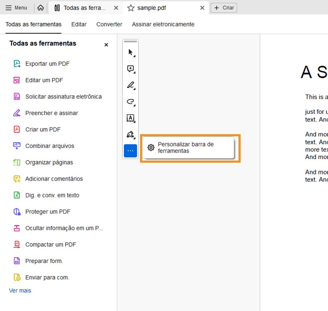 Personalizar barra de ferramentas de ações rápidas