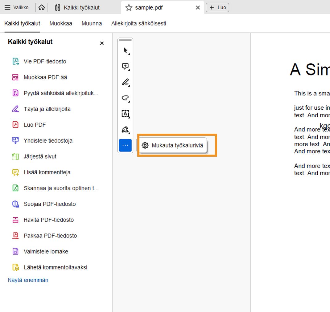 Mukauta pikatoimintojen työkaluriviä