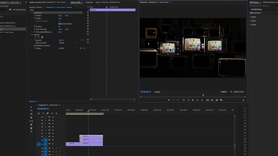 Dans une capture d'écran d'Adobe Premiere Pro sur ordinateur, positionnement de l'un des trois plans dupliqués d'un homme s'entraînant avec de petits haltères sur un téléviseur vintage dans le Moniteur du programme, tandis que la fenêtre de montage affiche l'extrait dupliqué à trois reprises sur les pistes V1 à V3