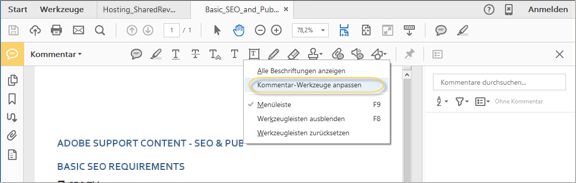 Kommentarwerkzeugleiste anpassen