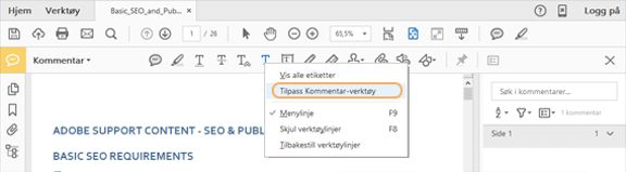 Tilpass Kommentar-verktøylinjen