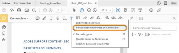 Personalização da barra de ferramentas Comentário