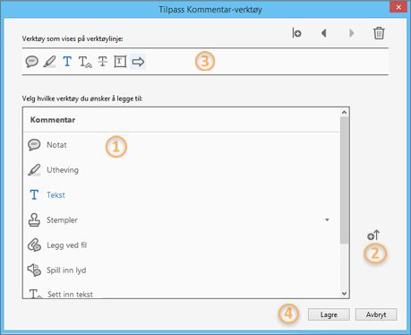Dialogboksen Tilpass Kommentar-verktøy