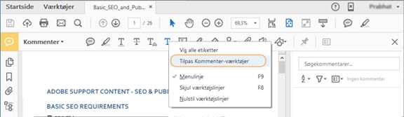Tilpas værktøjslinjen Kommentar