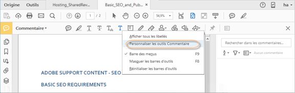Personnalisation de la barre d’outils Commentaire