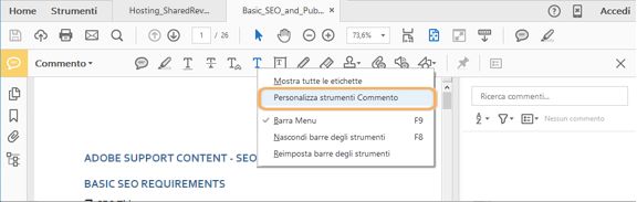 Personalizzare la barra degli strumenti Commento