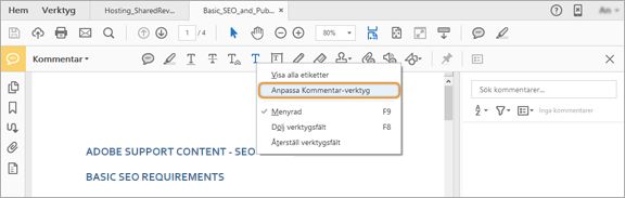 Anpassa verktygsfältet Kommentar