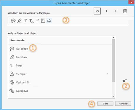 Dialogboksen Tilpas kommentarværktøjet