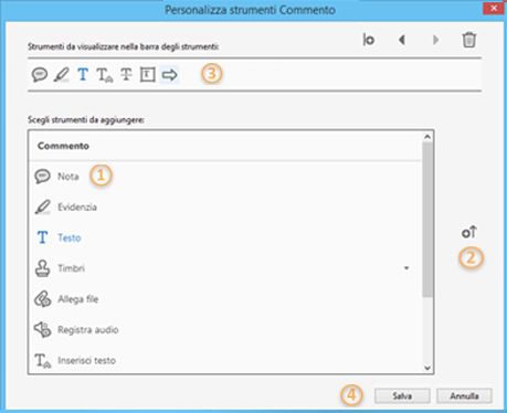 Finestra di dialogo Personalizza strumenti Commento