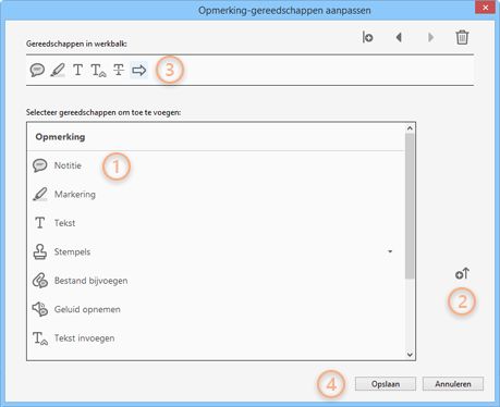 Dialoogvenster Gereedschap voor opmerkingen aanpassen