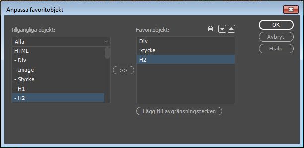 Anpassa favoriter på panelen Infoga
