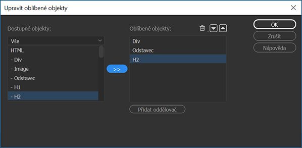 Přizpůsobení oblíbených položek na panelu Vložit