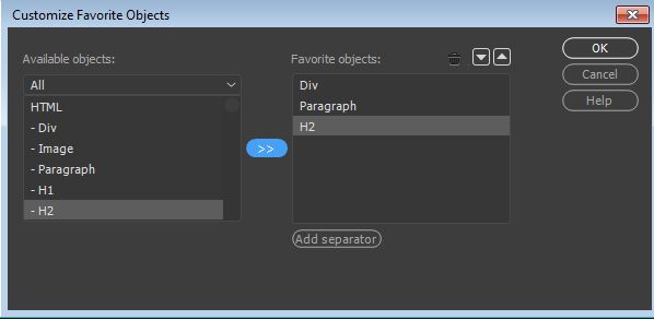تخصيص المفضلة في لوحة Insert