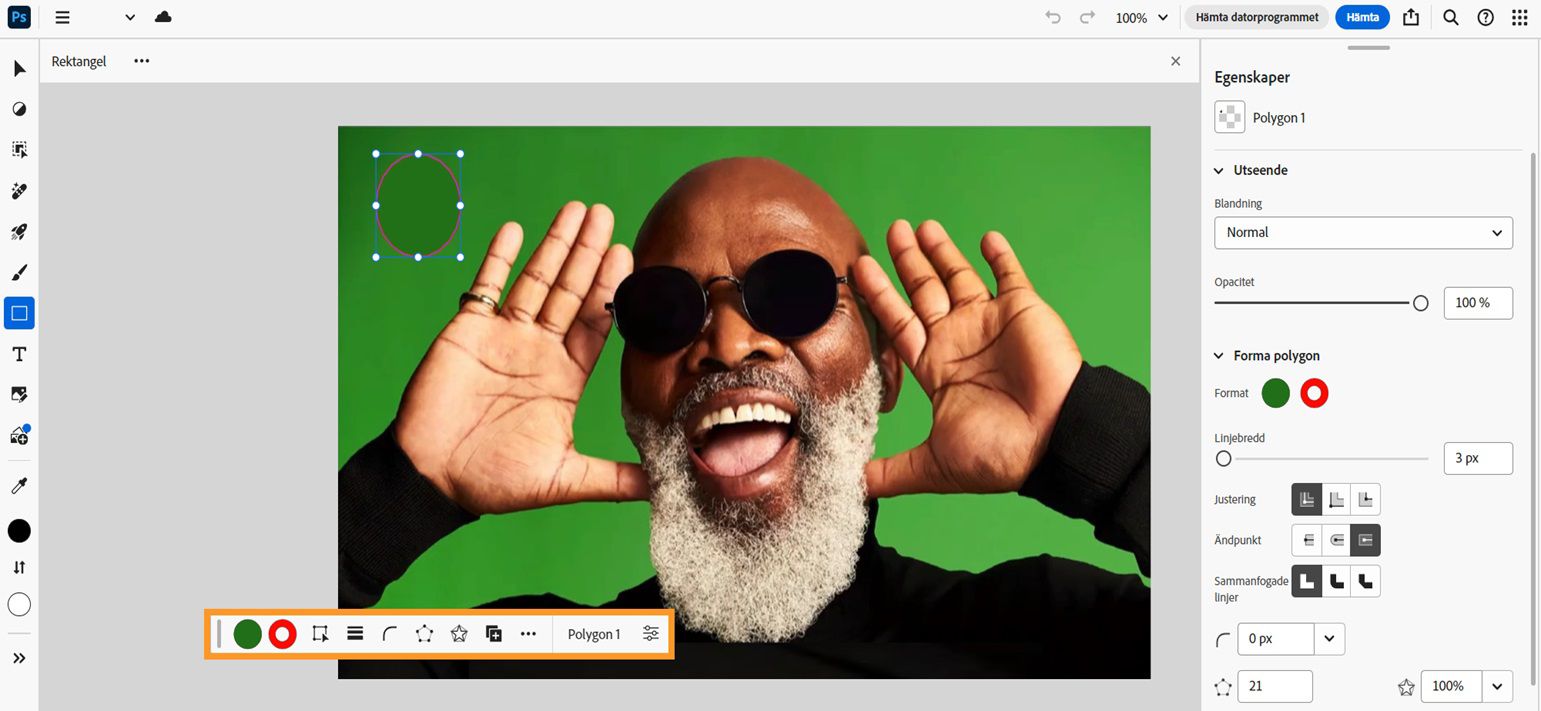Startskärmen för Photoshop på webben visas på skärmen med en bild av en man och en form på arbetsytan. En form är markerad och olika alternativ för att anpassa den visas i det kontextuella aktivitetsfältet och i panelen Egenskaper. 