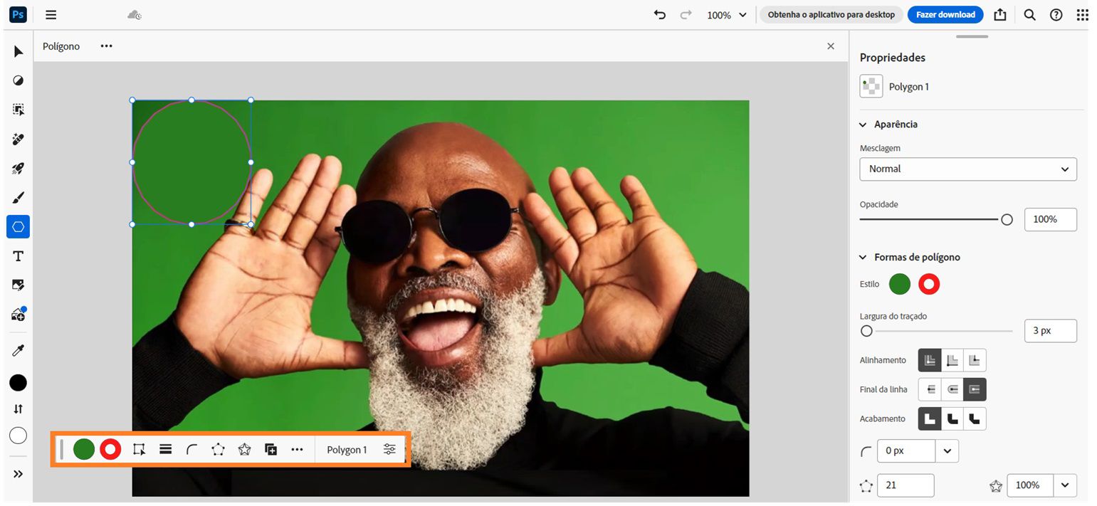 A tela inicial do Photoshop na Web é exibida na tela com uma imagem de um homem e uma forma exibida na tela. A forma está selecionada e as opções variadas para a personalização são mostradas na Barra de tarefas contextual e no painel Propriedades. 