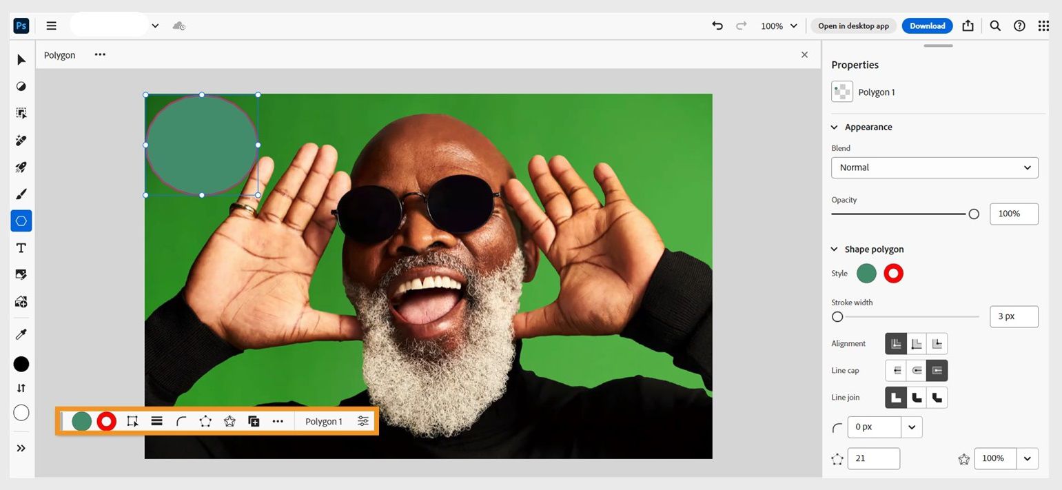 На экране отображается главный экран веб-приложения Photoshop с изображением человека и фигуры на холсте. Фигура выделена, и различные параметры ее настройки отображаются на контекстной панели задач и на панели «Свойства». 