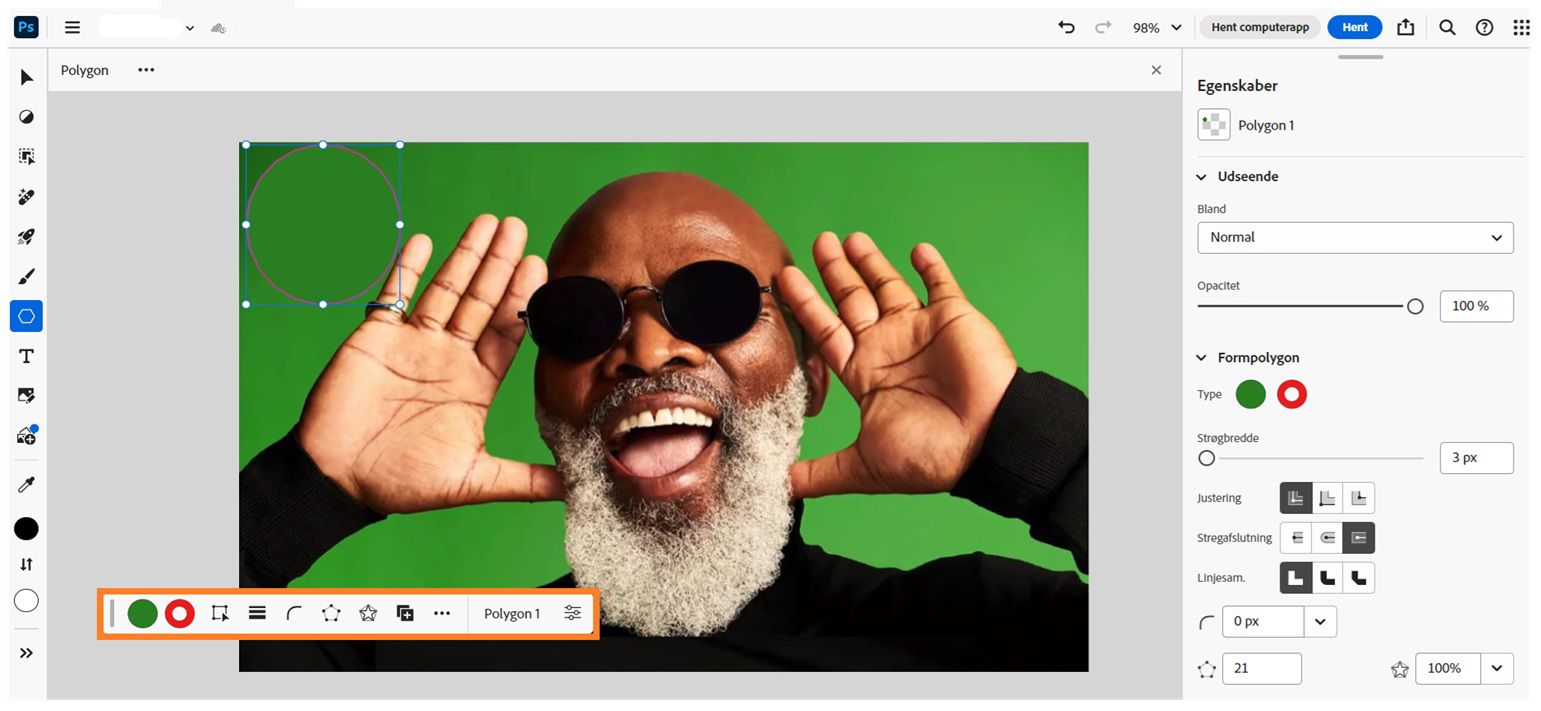 Startskærmen i Photoshop på internettet vises på skærmen med et billede af en mand og en form vist på lærred. Form vælges, og der vises forskellige indstillinger til tilpasning af den på den kontekstafhængige proceslinje og i panelet Egenskaber. 