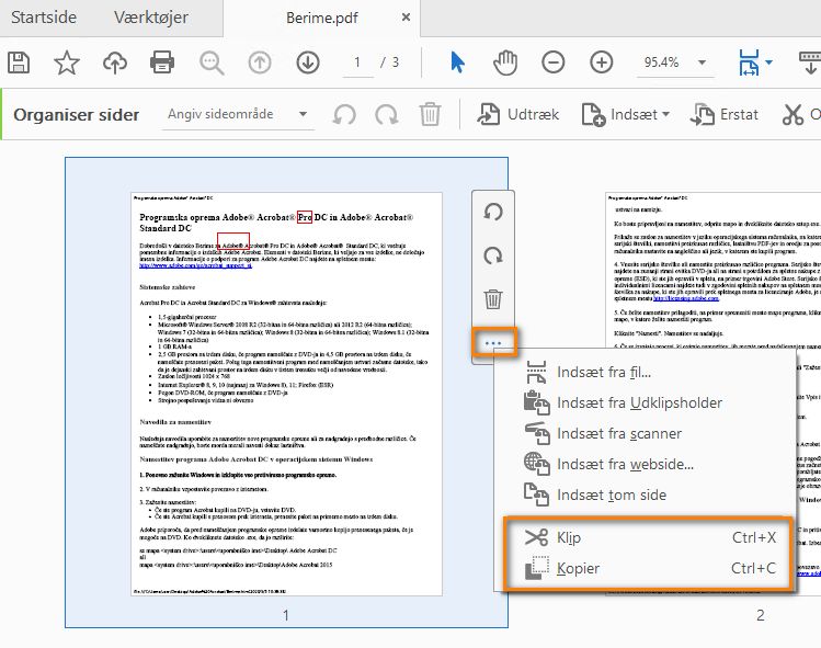 Vælg Klip, Kopiér i menuen Indstillinger
